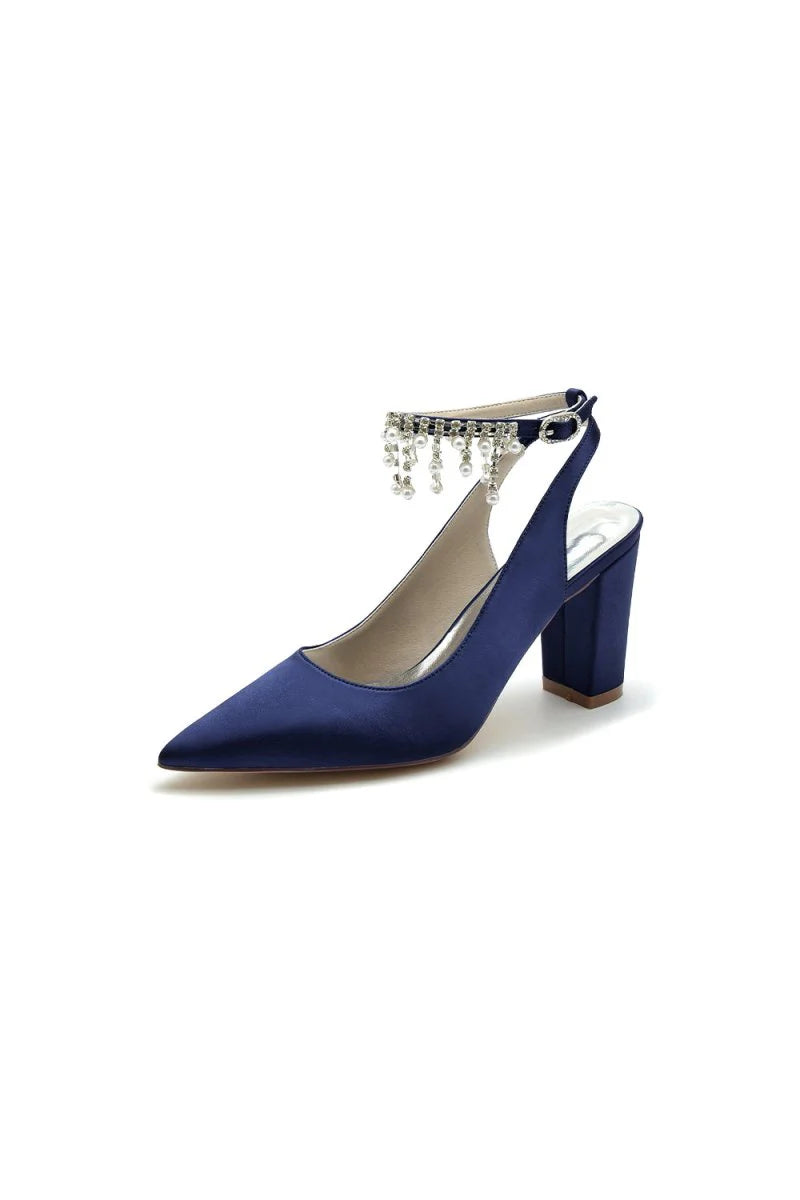 Pointed Toe Satin Chunky Heels With Pearl Tassel
