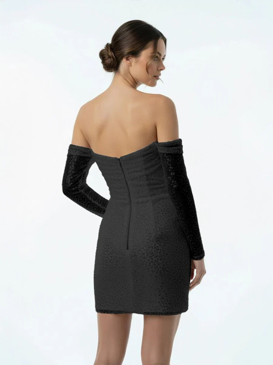 Chic Short Sequined Backless Wedding Dress With Long Detachable Sleeves
