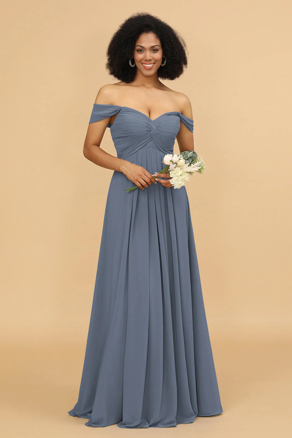 A Line Off the Shoulder Long Chiffon Bridesmaid Dress