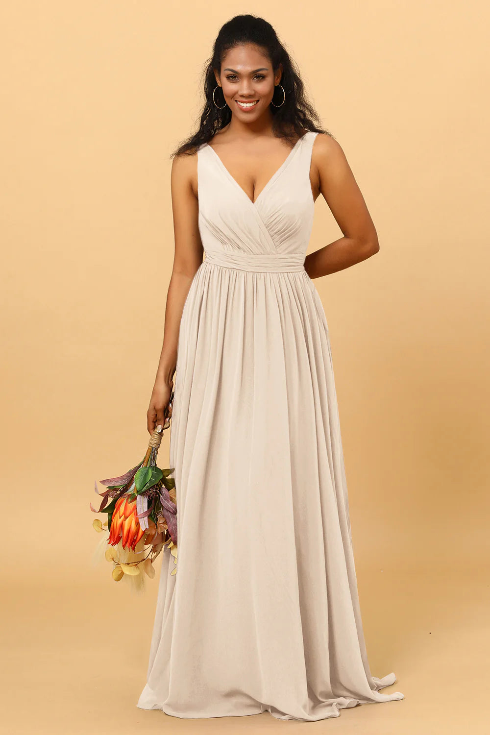 A Line V Neck Pleated Floor Length Long Chiffon Bridesmaid Dress