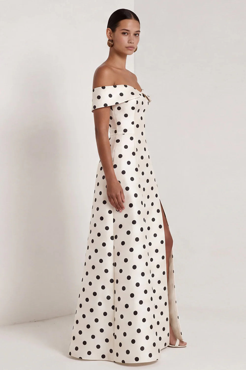 Off the Shoulder Black White Polka Dot A Line Maxi Formal Dress with Slit