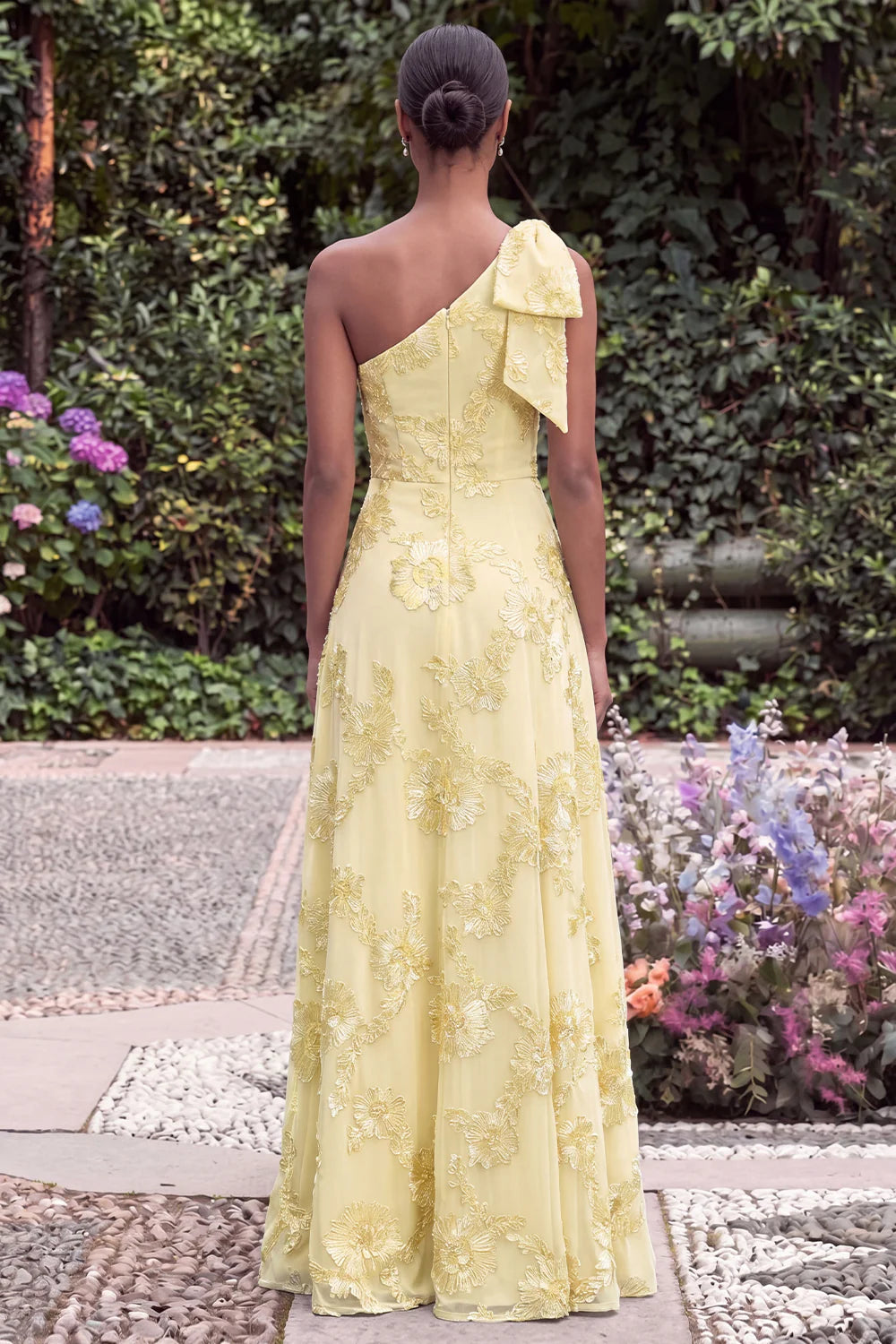 Daffodil A Line Floral Embroidery One Shoulder Wedding Guest Dress with Slit