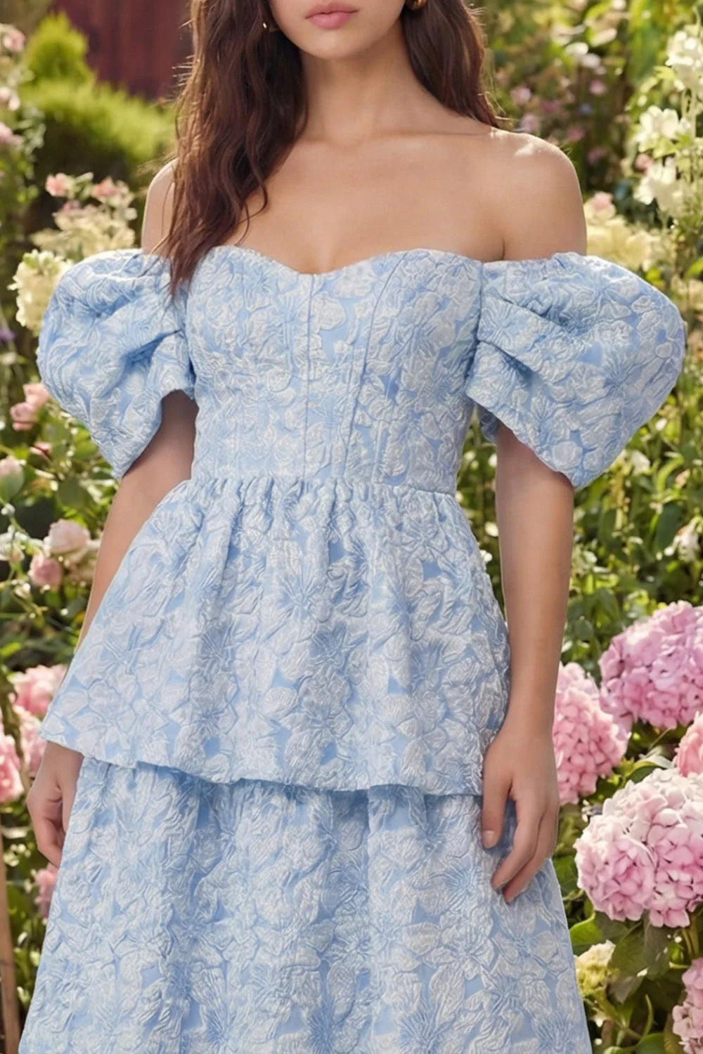 Blue Floral Off the Shoulder A Line Tiered Jacquard Midi Wedding Guest Dress