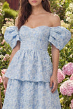 Blue Floral Off the Shoulder A Line Tiered Jacquard Midi Wedding Guest Dress