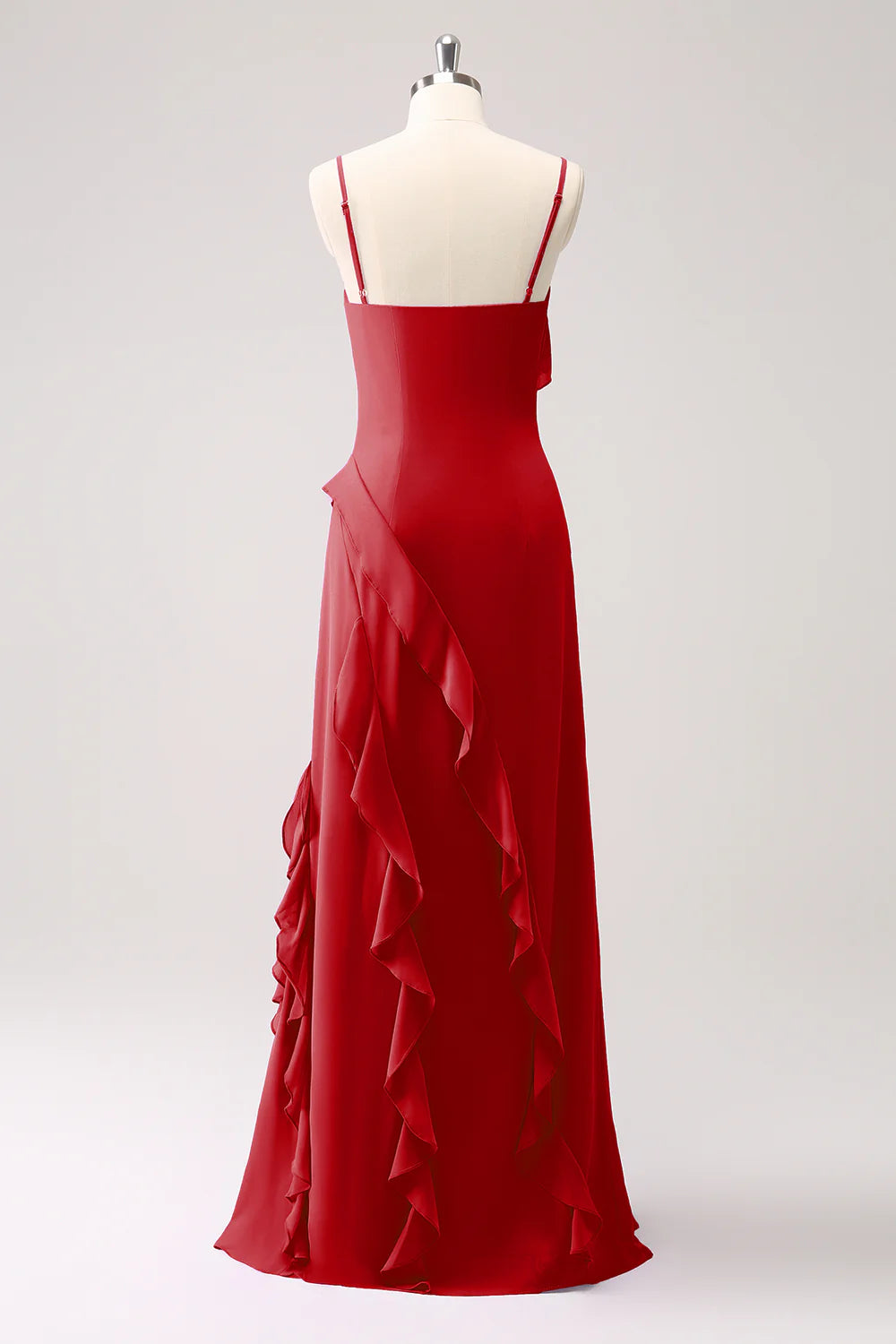 Sheath Spaghetti Straps Ruffle Long Bridesmaid Dress with Slit