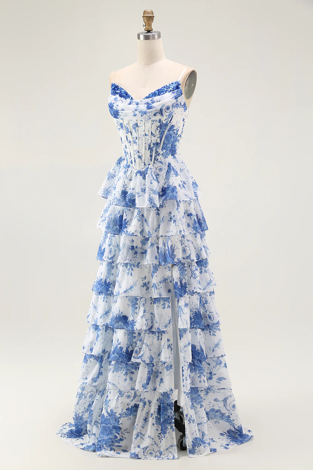 Strapless White Blue Flower A Line Tiered Corset Long Prom Dress with Slit