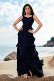 Dark Navy A Line Backless Floor Length Tiered Long Bridesmaid Dress