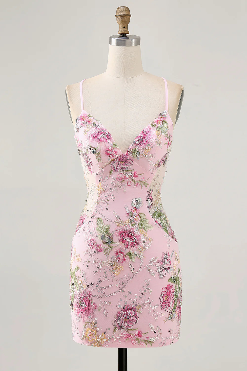 Lilac Spaghetti Straps Short Floral Tight Homecoming Dress