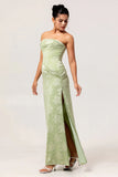 Sage Green Sheath Strapless Ruched Floral Jacquard Long Bridesmaid Dress with Side Slit