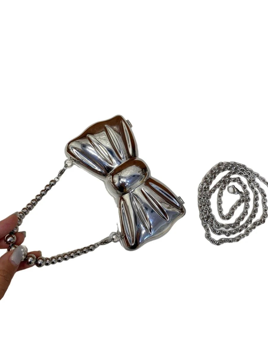 Womens Silver Bow Clutch Mini Evening Bags