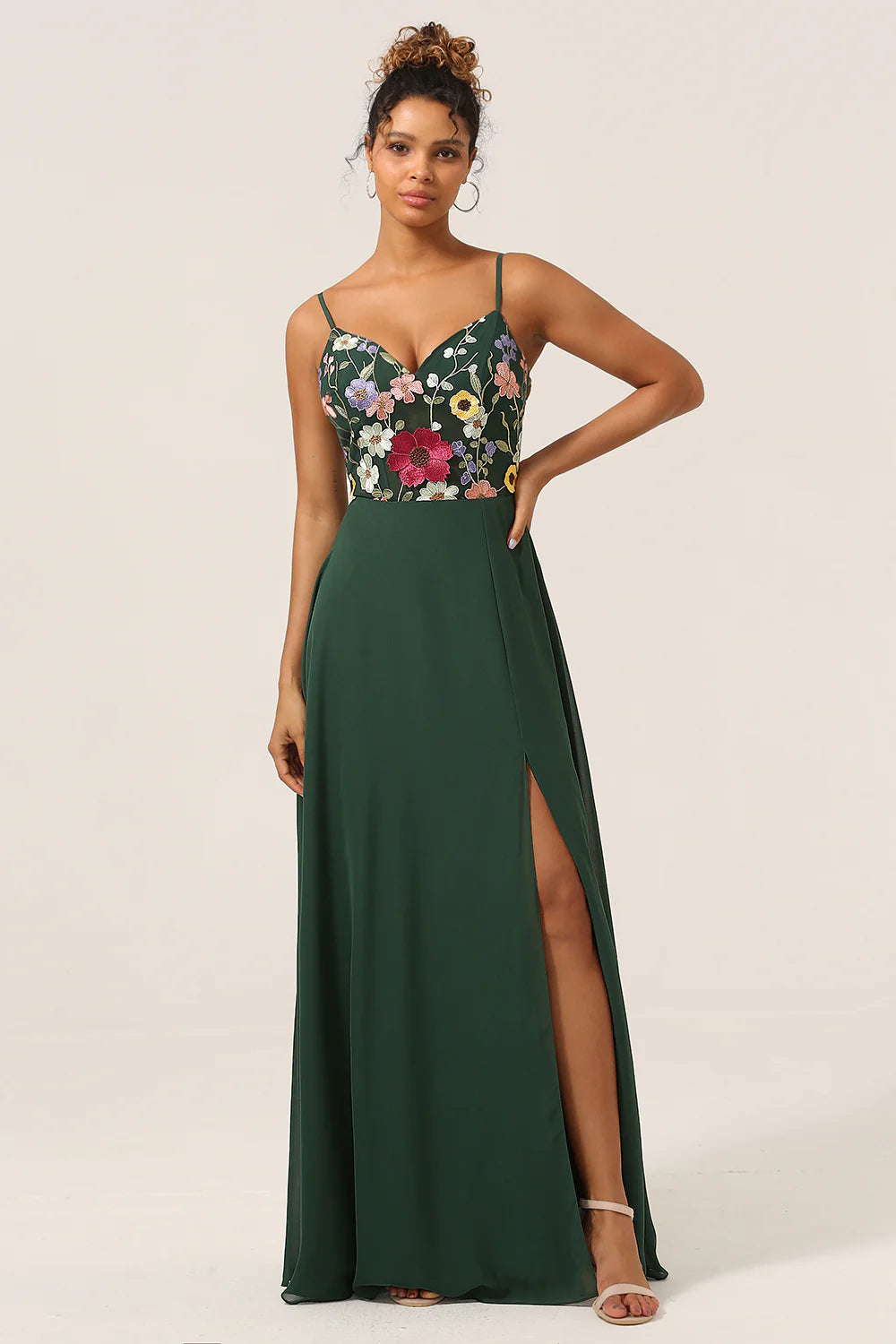 Dark Green A Line Spaghetti Straps Plus Size Chiffon Bridesmaid Dress with 3D Flowers