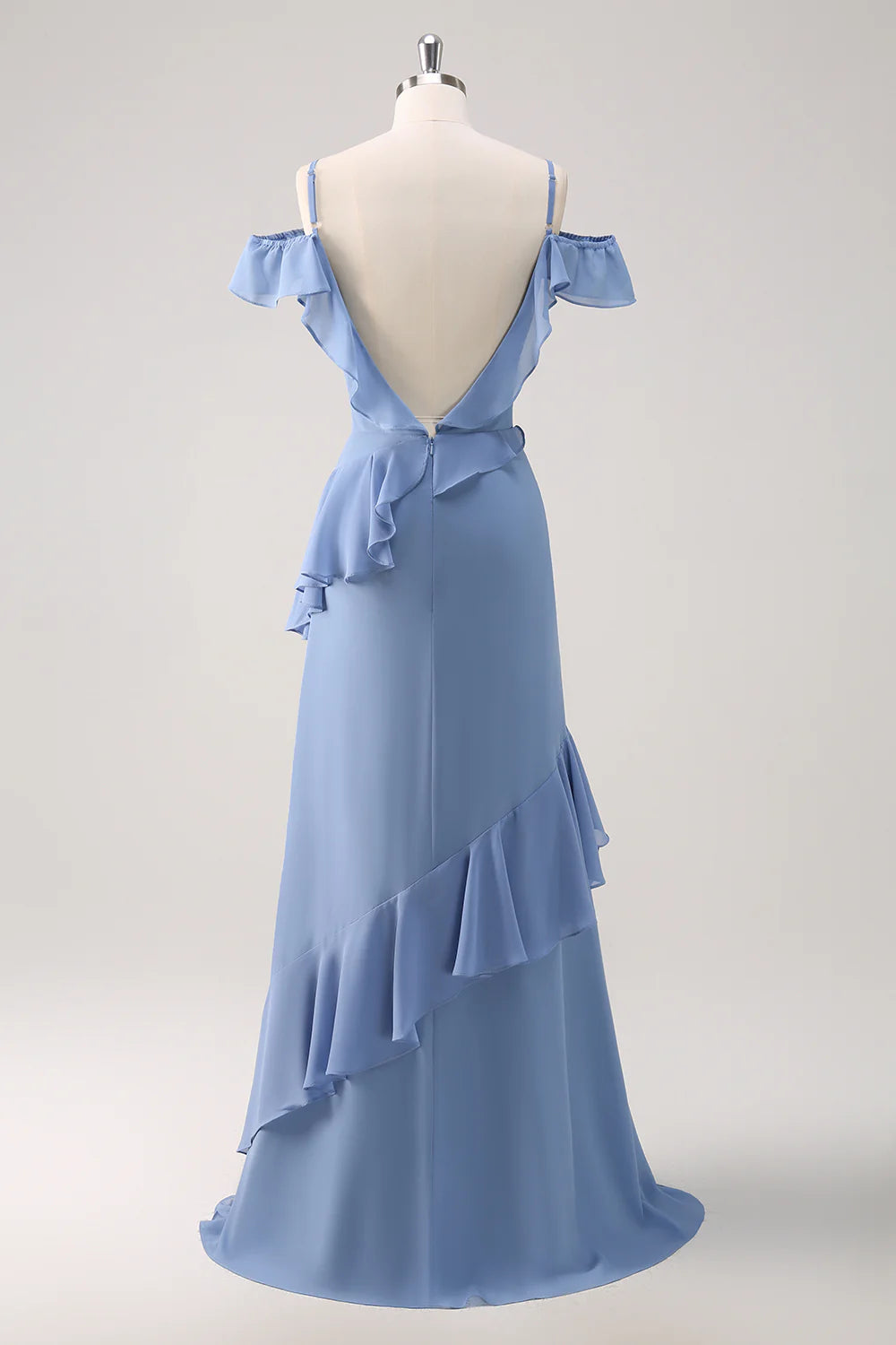 Grey Blue Cold Shoulder A Line Chiffon Long Bridesmaid Dress with Ruffles