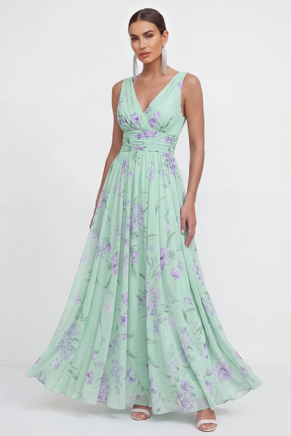 Floral A Line V Neck Sleeveless Blue Wedding Guest Dress