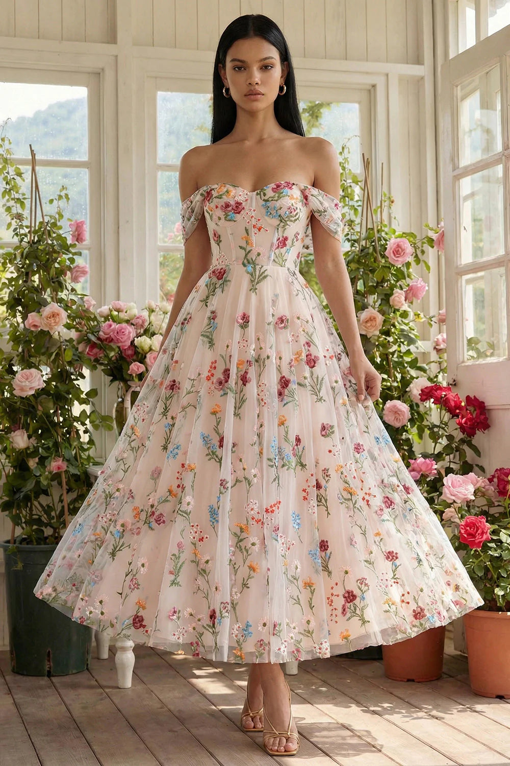 Black Off the Shoulder Floral A Line Midi Wedding Guest Dress