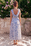 Blue Floral A Line Cowl Neck Wedding Guest Dress with 3D Flowers
