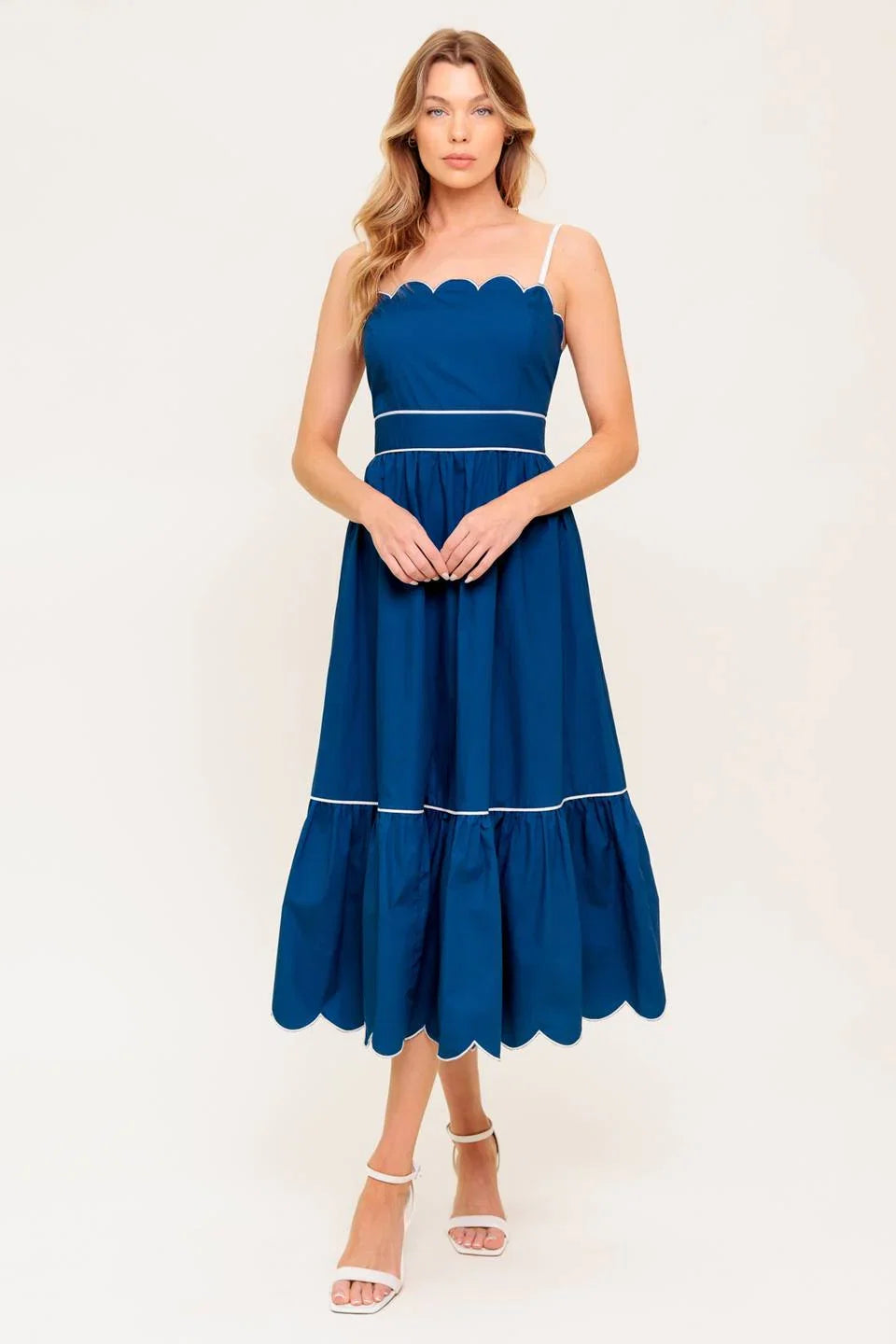 SWEET DREAMS SCALLOPED EDGE MIDI DRESS NAVY