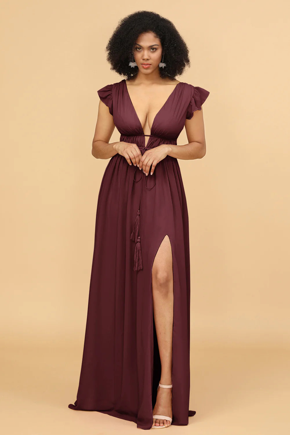 A Line Deep V Neck Long Chiffon Bridesmaid Dress with Slit