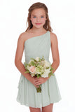 Sage Green A Line Chiffon One Shoulder Pleated Short Junior Bridesmaid Dress