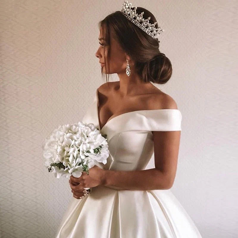 A Line Satin Sweep Train White Wedding Dress with Sleeveless