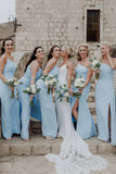 Sheath One Shoulder Light Blue Chiffon Slit Bridesmaid Dress