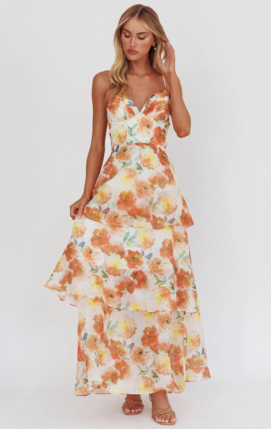 Makenna Maxi Dress Orange Floral Organza Tiered Dress