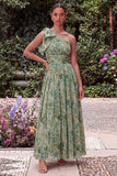 One Shoulder Sage Flower A Line Wedding Guest Dress with Bow