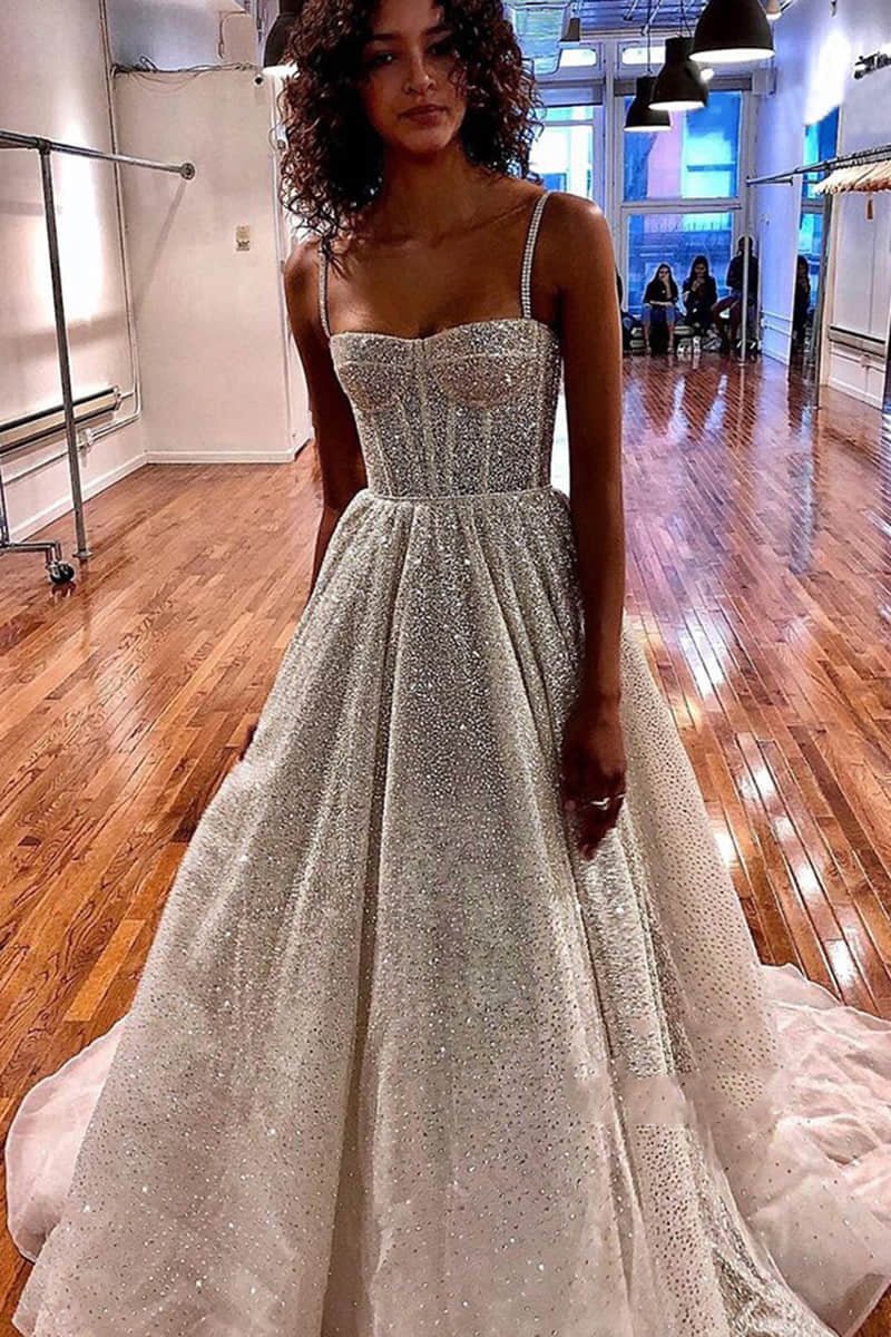 Spaghetti Straps Sequins A line Sparkly Wedding Dress Bridal Gown