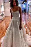 Spaghetti Straps Sequins A line Sparkly Wedding Dress Bridal Gown