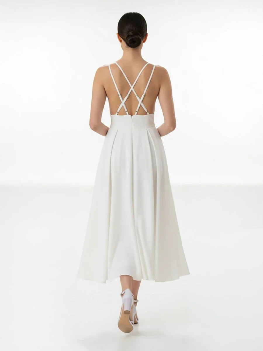 A Line V Neck Sleeveless Satin Knee Length Wedding Dress