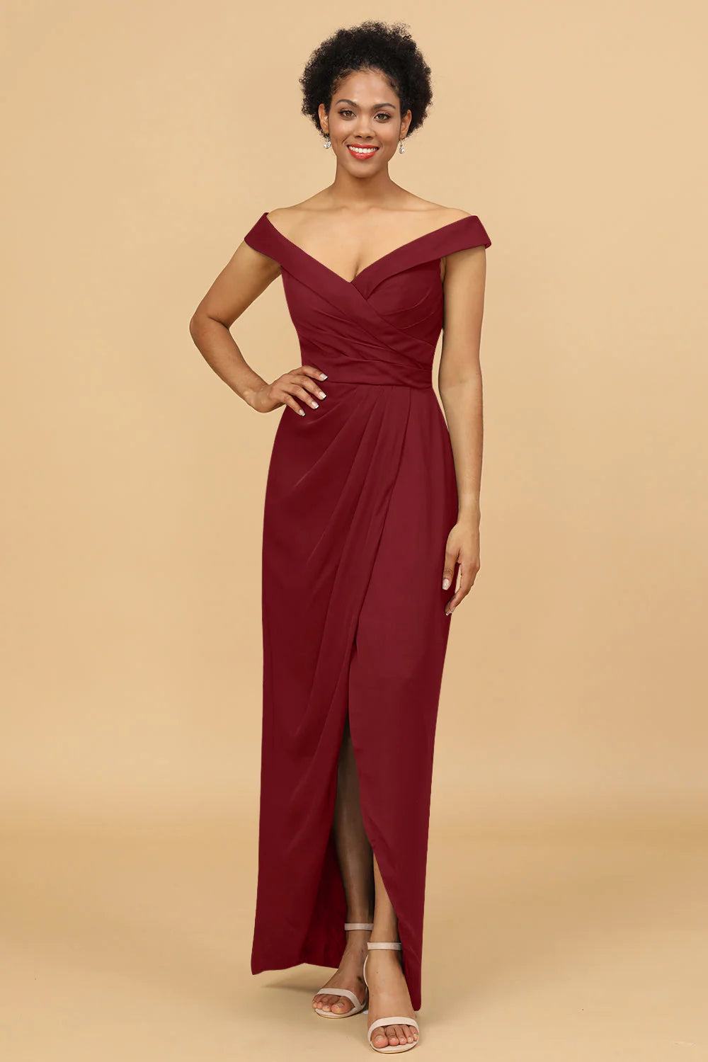 Sheath Column Off The Shoulder Satin Long Bridesmaid Dress