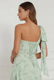Dusty Sage One Shoulder A Line Floral Bridesmaid Dress with Slit