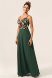 Dark Green A Line Spaghetti Straps Chiffon Bridesmaid Dress with 3D Flowers