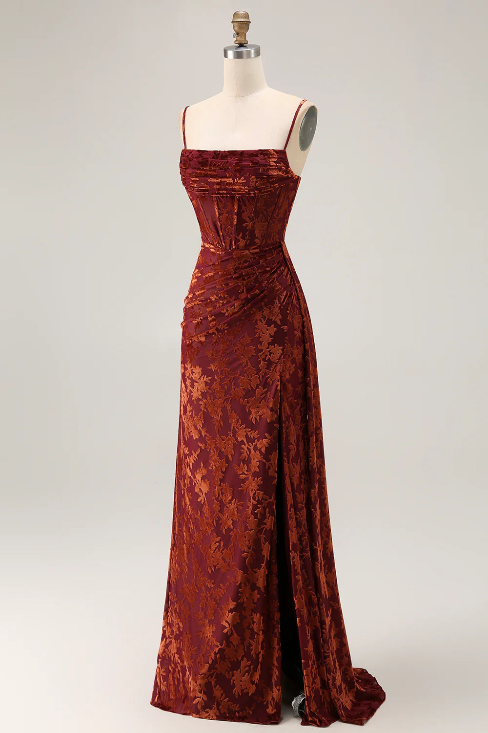 Burgundy Mermaid Corset Streamer Velvet Burnout Long Bridesmaid Dress with Slit