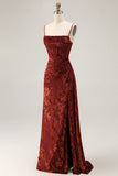 Burgundy Mermaid Corset Streamer Velvet Burnout Long Bridesmaid Dress with Slit