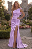 Lilac One Shoulder Satin Mermaid Prom Dress with Slit