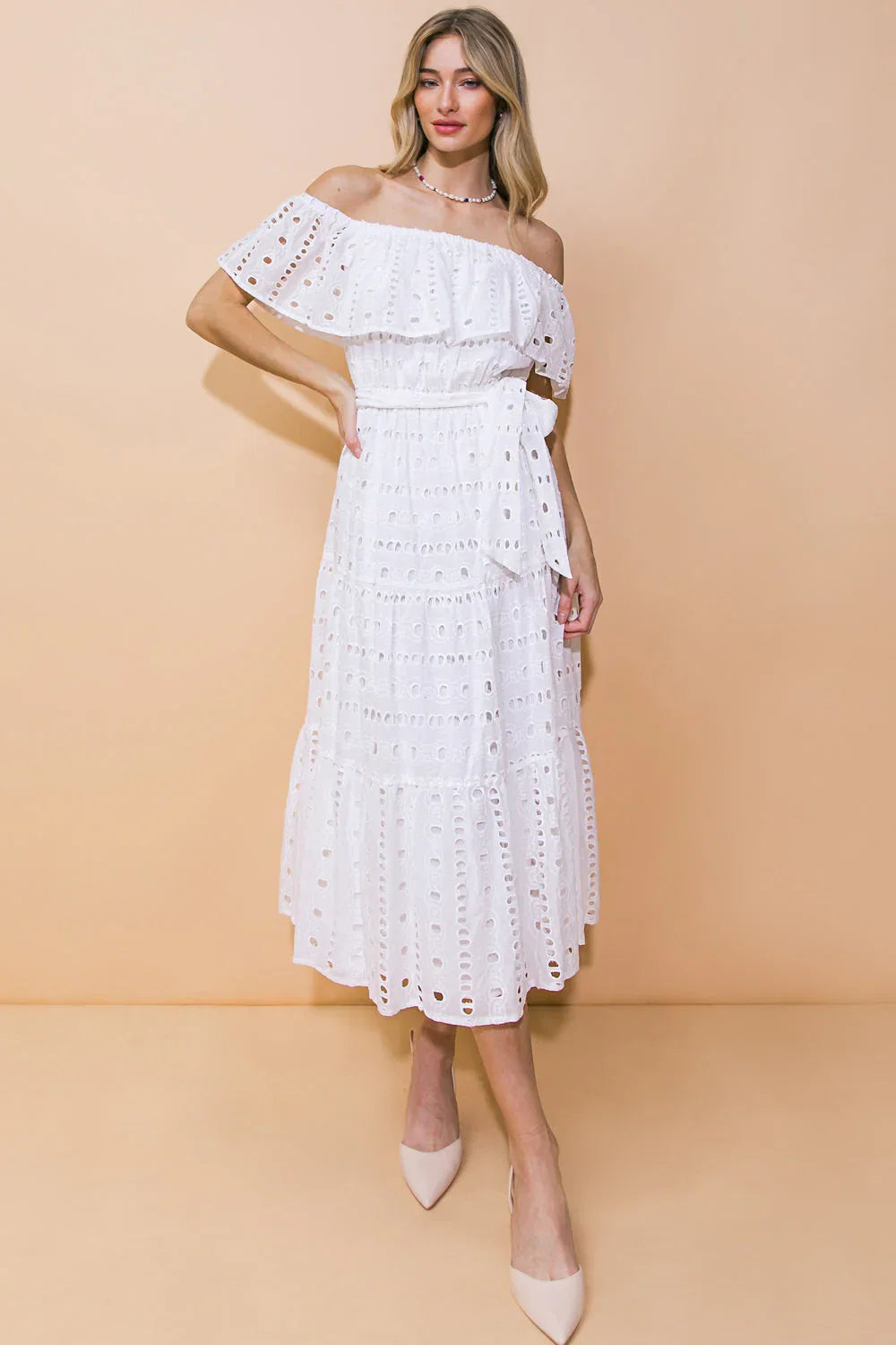 CATCHING MY BREATH EYELET MIDI DRESS