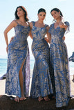 Grey Blue A Line V Neck Burnout Velvet Maxi Bridesmaid Dress with Cape Sleeves