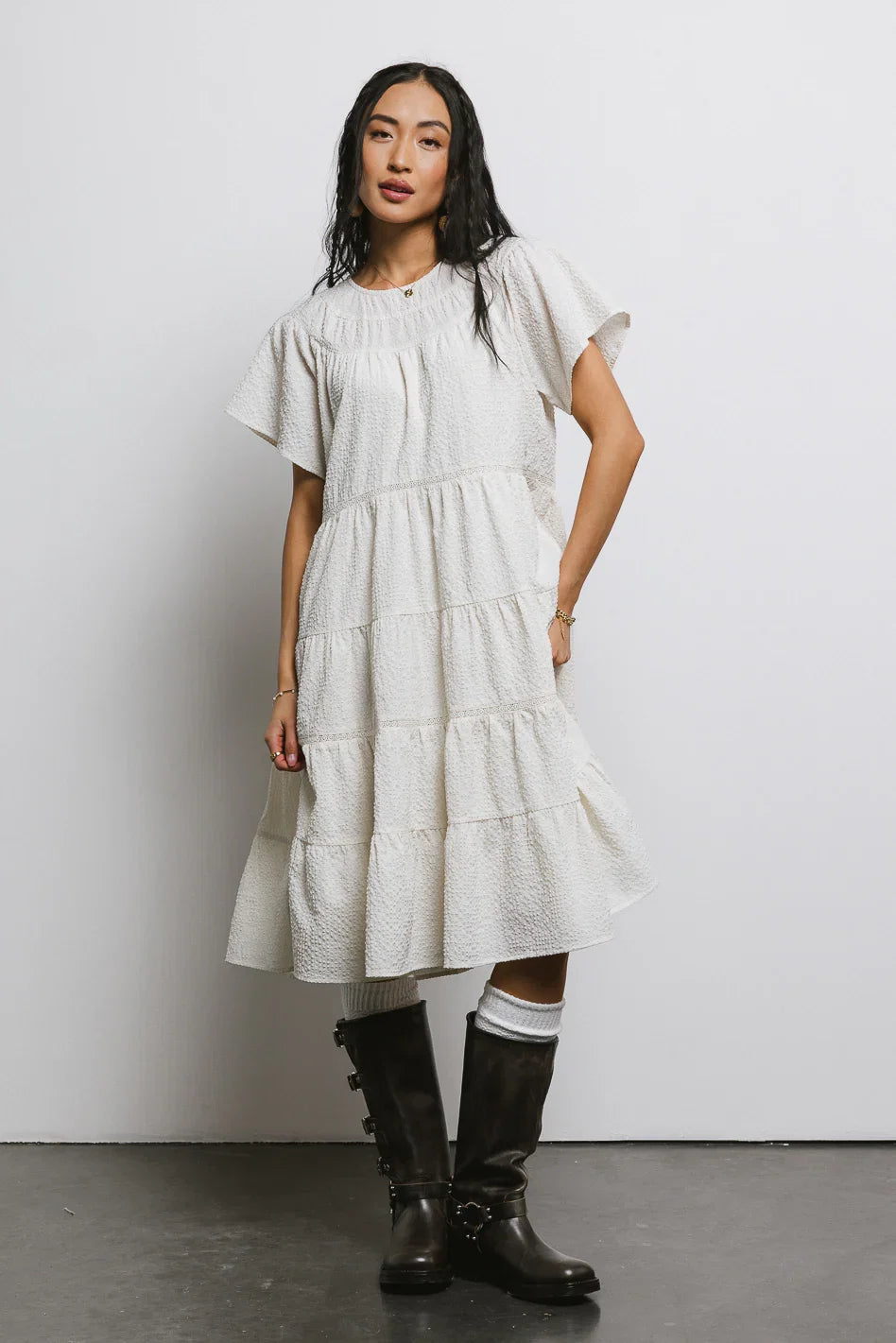 Neve Textured Midi Dress in Ivory FINAL SALE