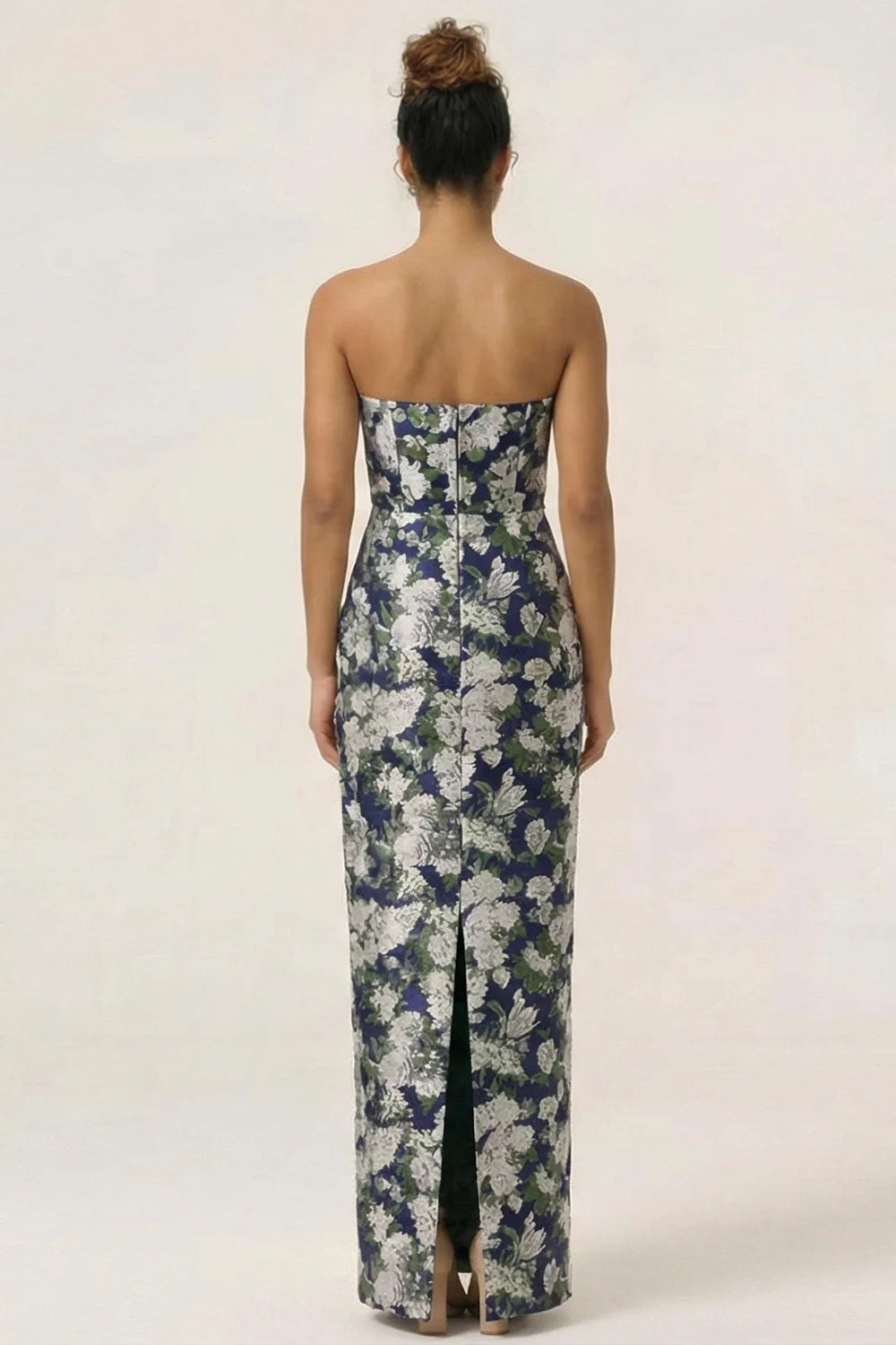 Blue Sheath Strapless White Floral Back Slit Satin Maxi Dress with Pockets