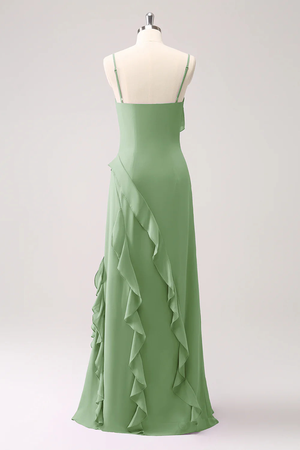 Sheath Spaghetti Straps Ruffle Long Bridesmaid Dress with Slit