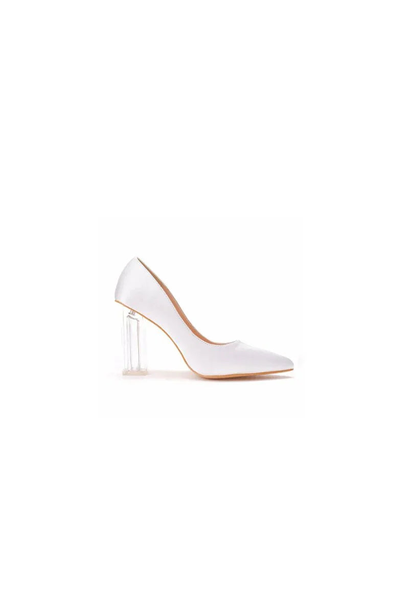 Simple Satin Slip on Pointed Toe Transparent Block Heels