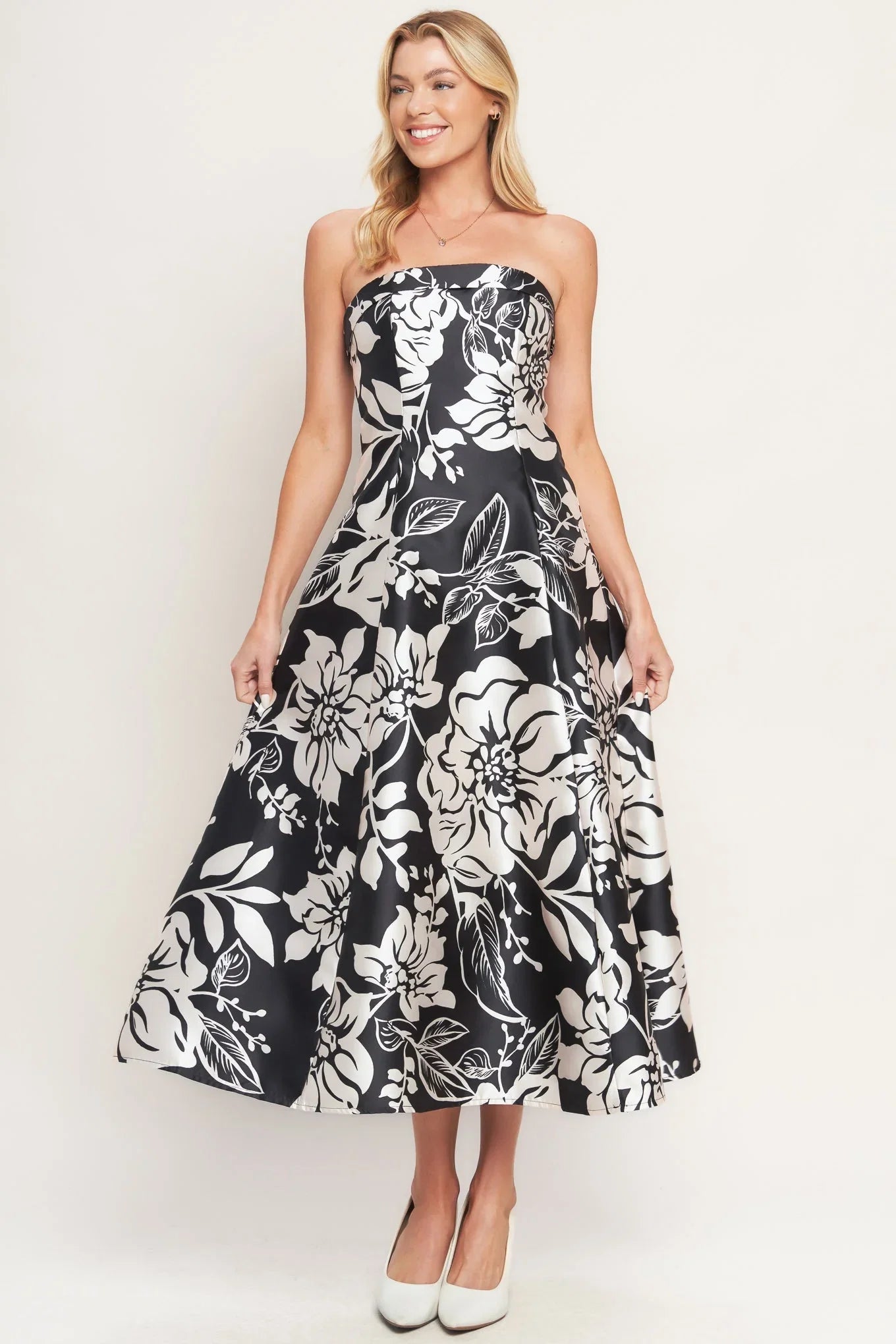 ELEGANT BLOOM SWIRL BLACK FLORAL MIDI DRESS