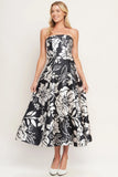 ELEGANT BLOOM SWIRL BLACK FLORAL MIDI DRESS