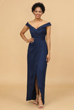 Sheath Column Off The Shoulder Satin Long Bridesmaid Dress