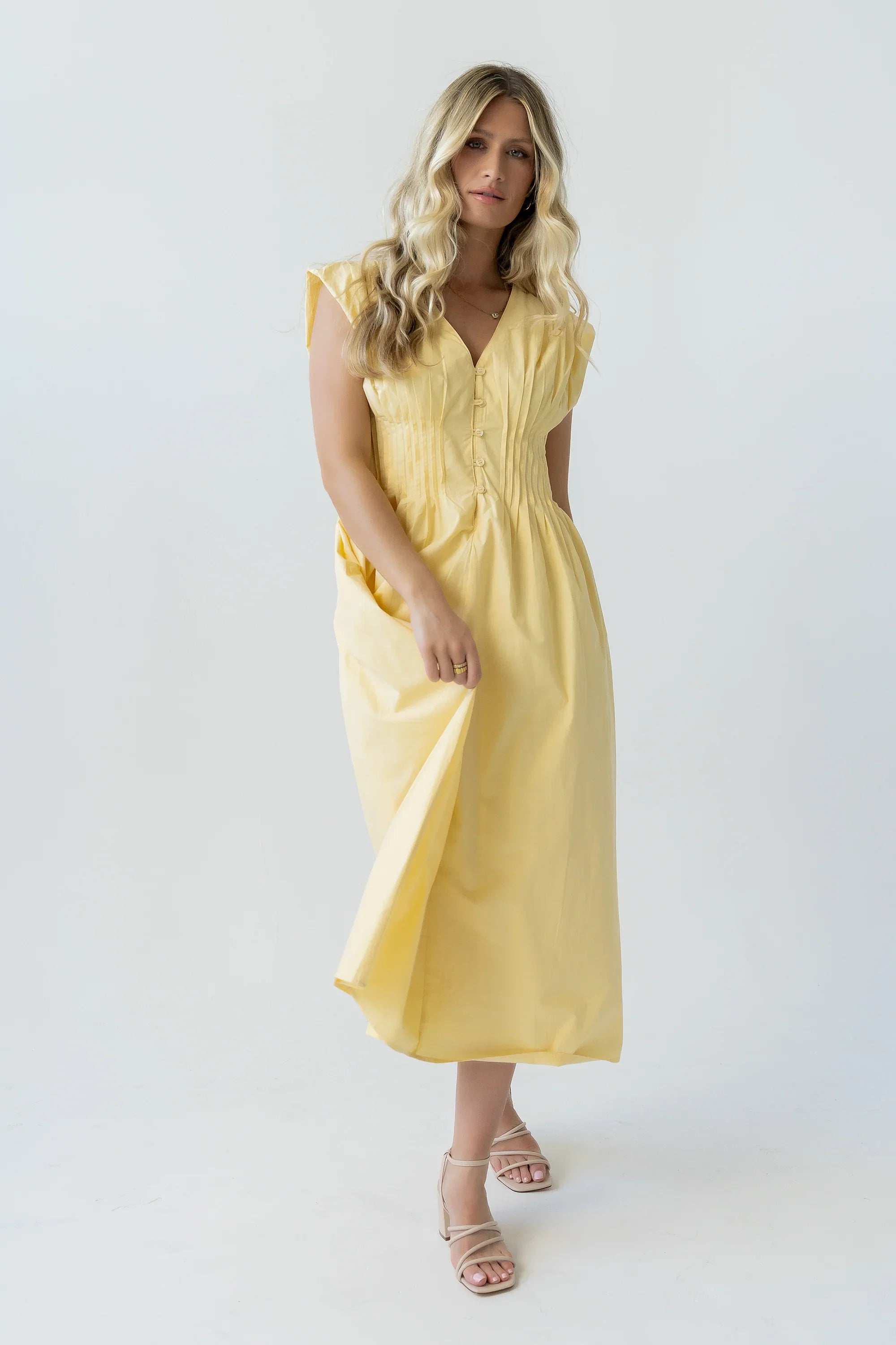 Barb Pleated Midi Dress in Yellow