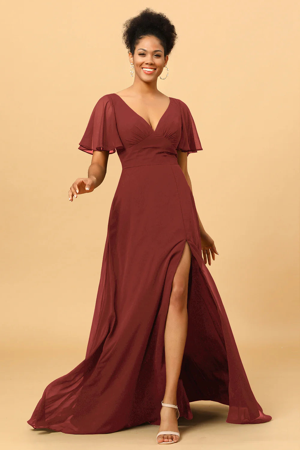 A Line V Neck Long Chiffon Bridesmaid Dress with Slit