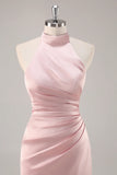 Blush Sheath Halter Satin Pleated Open Back Long Bridesmaid Dress with Slit
