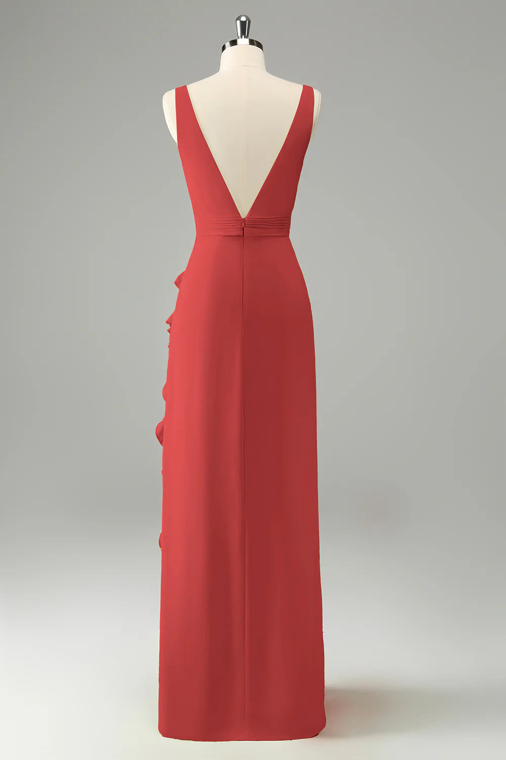 Lime A Line V Neck Floral Ruffle Open Back Bridesmaid Dress with Slit