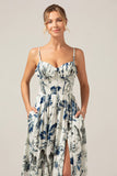 Blue Printed A Line Spaghetti Straps Pleated Long Bridesmaid Dress With Slit