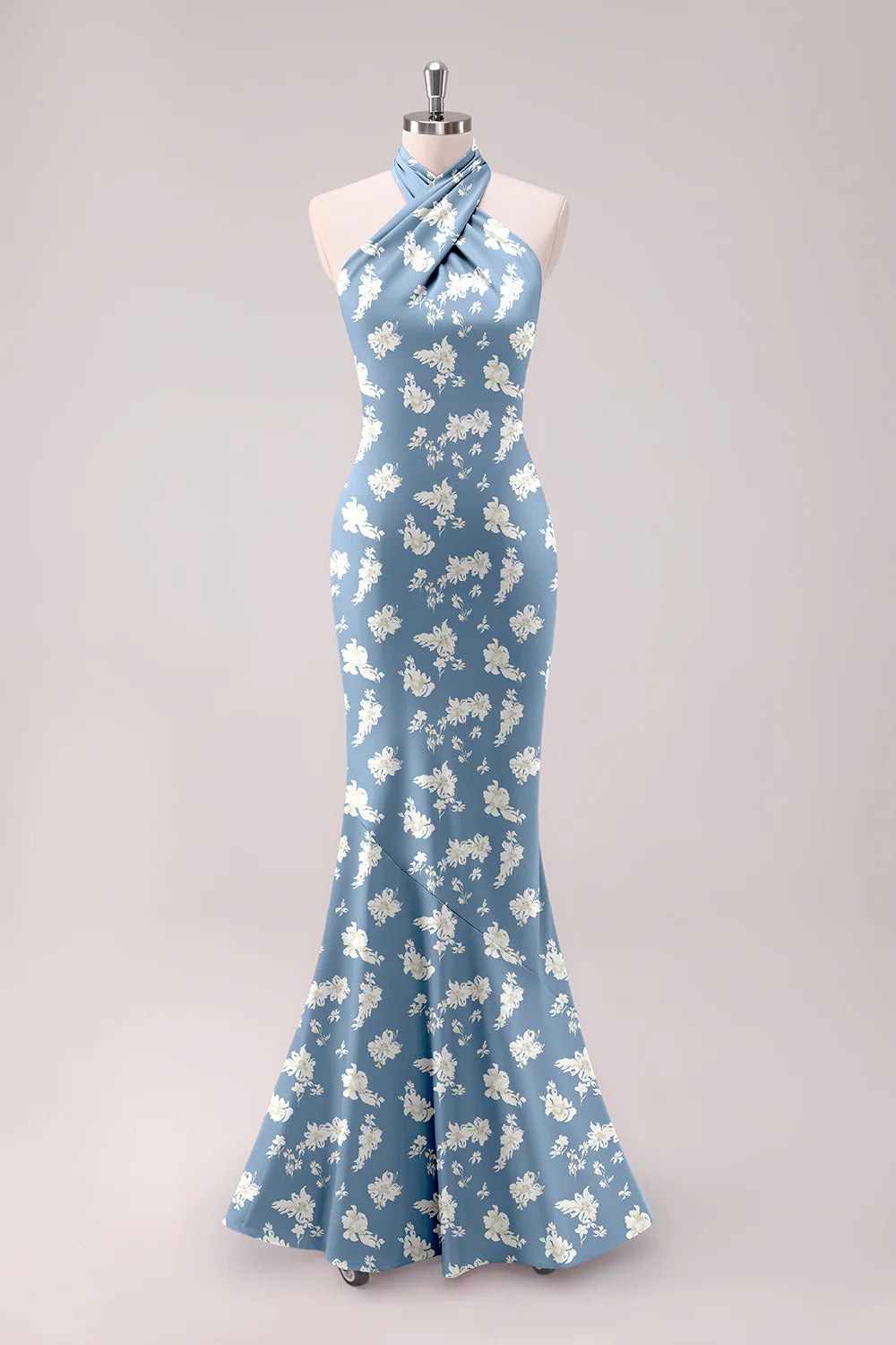 Sage White Flower Mermaid Halter Open Back Floor Length Satin Print Bridesmaid Dress
